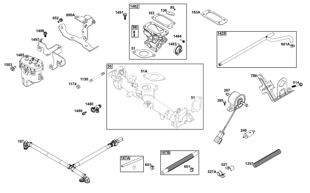 Throttle Body And Fuel Supply Group Diagram and Parts List for 61E377-0060-J1 400000 - 699999 Briggs and Stratton Engine